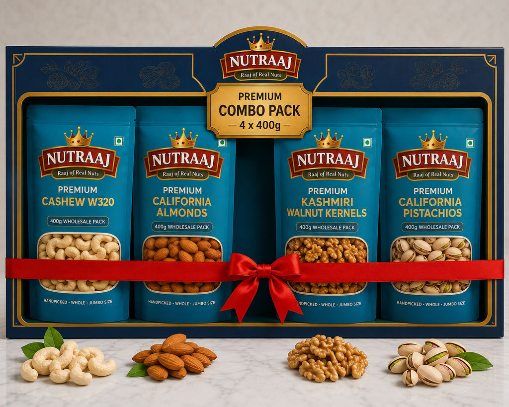 Nutraaj Premium Dry Fruits Combo Pack 1.6 KG (4 x 400g) - Cashews W320, California Almonds, Kashmiri Walnut Kernels & Californian Pistachios