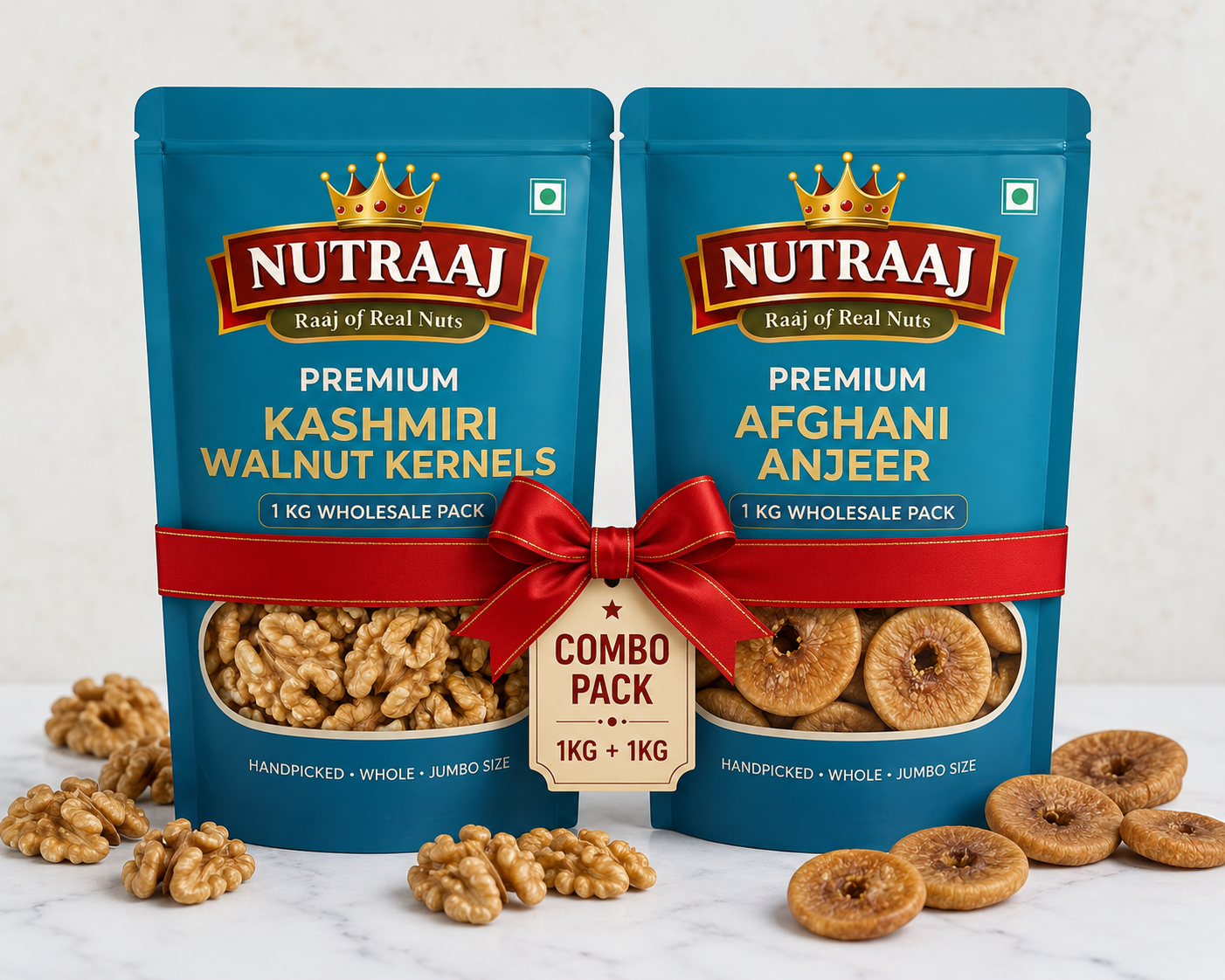 Nutraaj Premium Dry Fruits Combo Pack - Kashmiri Walnut Kernels 1KG + Afghani Anjeer 1KG | Total 2KG Wholesale Pack