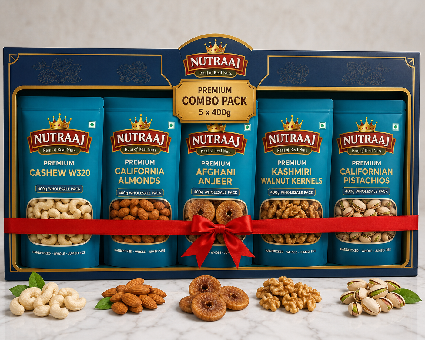Nutraaj Premium Dry Fruits Combo Pack (5 x 400g) – Cashews, Almonds, Afghani Anjeer, Walnut Kernels & Pistachios | 2KG Family Pack